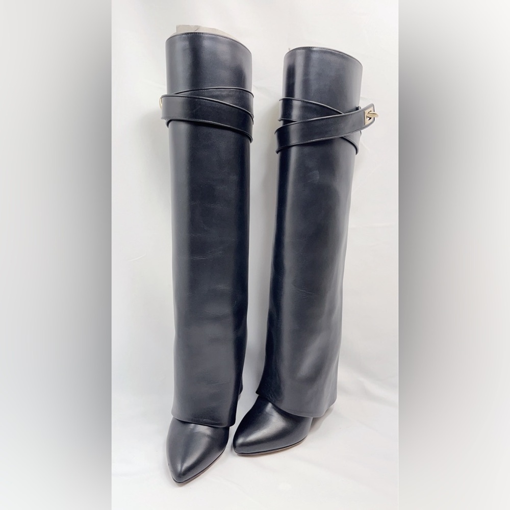 Givenchy Leather Shark Lock Fold Over Knee Length Boots Size 36